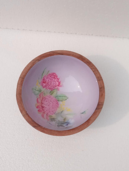 Pink Dandelion Flower Acacia Wood Nut Bowl