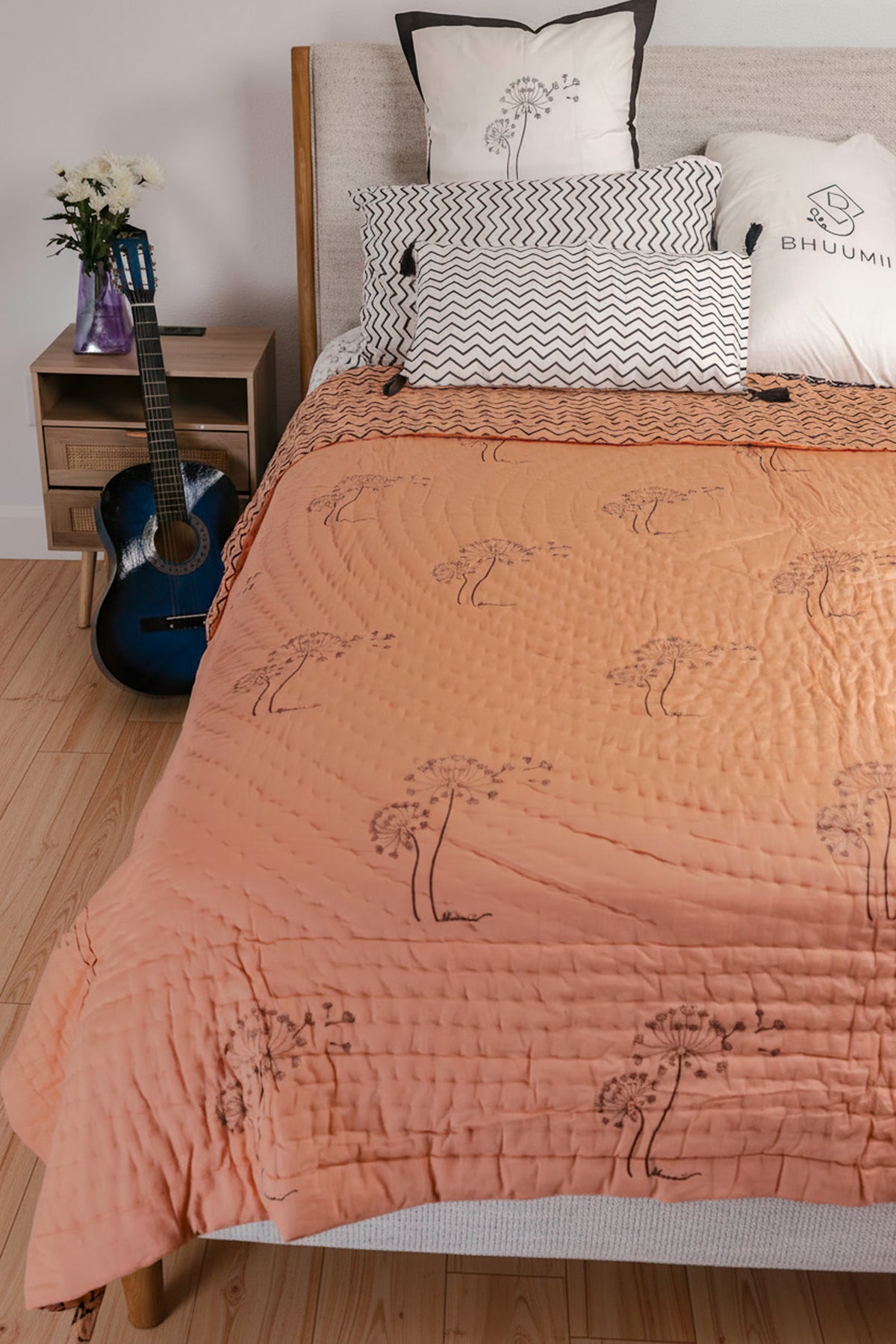 Peach Dandelion Handcrafted Cotton Quilt Set