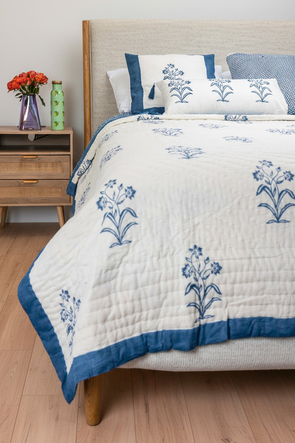 Blue Floral Hand Block Printed Cotton Quilt Set