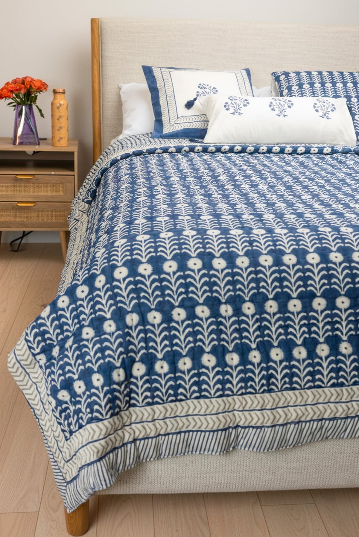 Indigo Blue Hand Block Printed Cotton Quilt Set