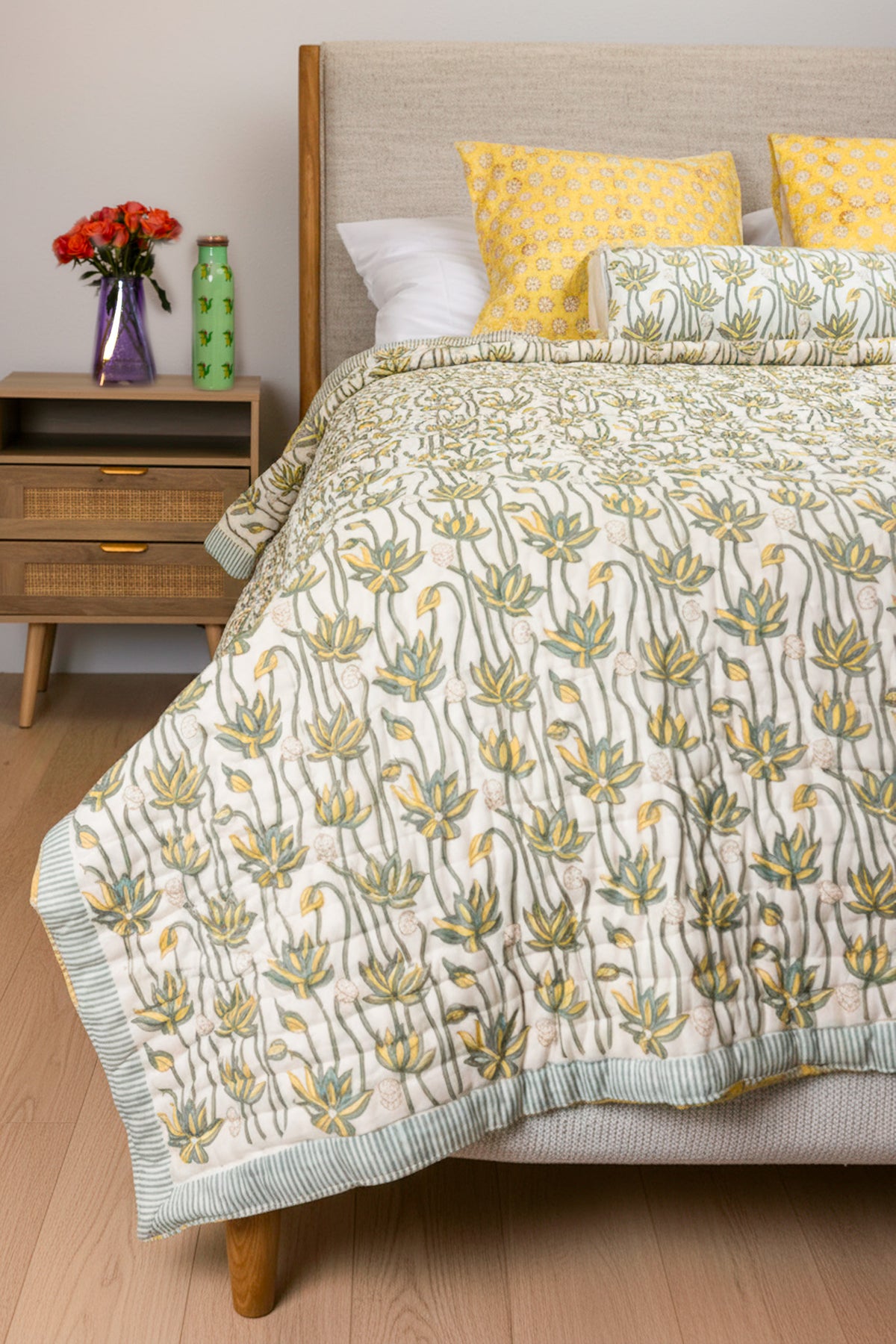 Yellow Lotus Hand Block Printed Cotton Quilt Set