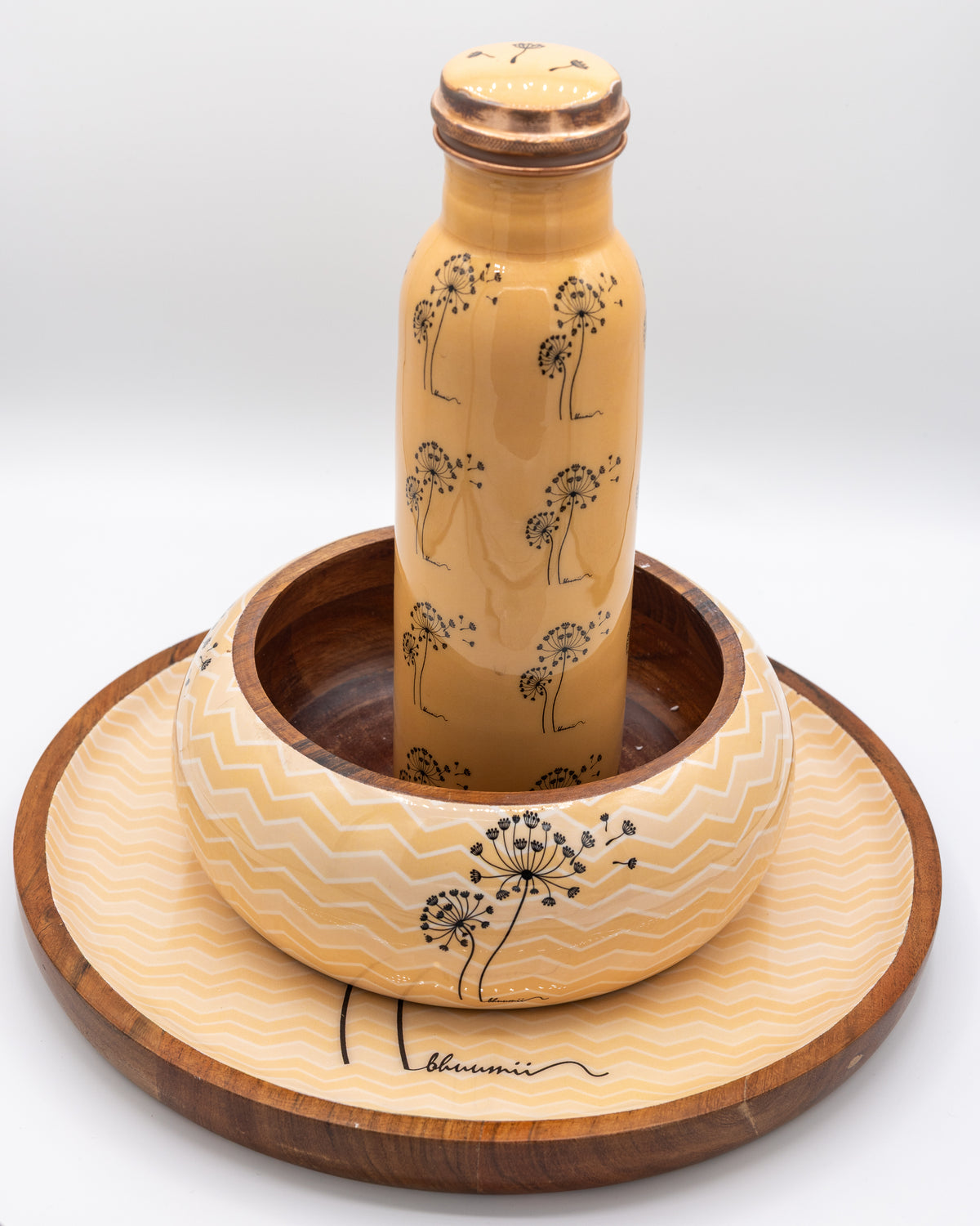 Handcrafted Dandelion-Themed Wooden Tray Set with Copper Bottle