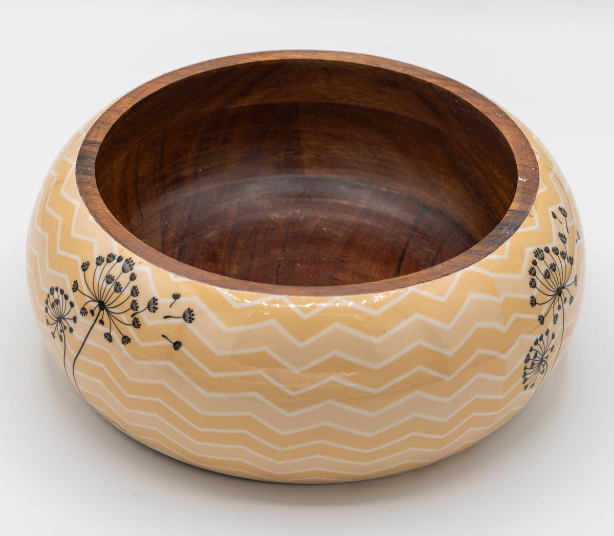 Handcrafted Wooden Bowl with Dandelion Print – Beige Chevron Exterior