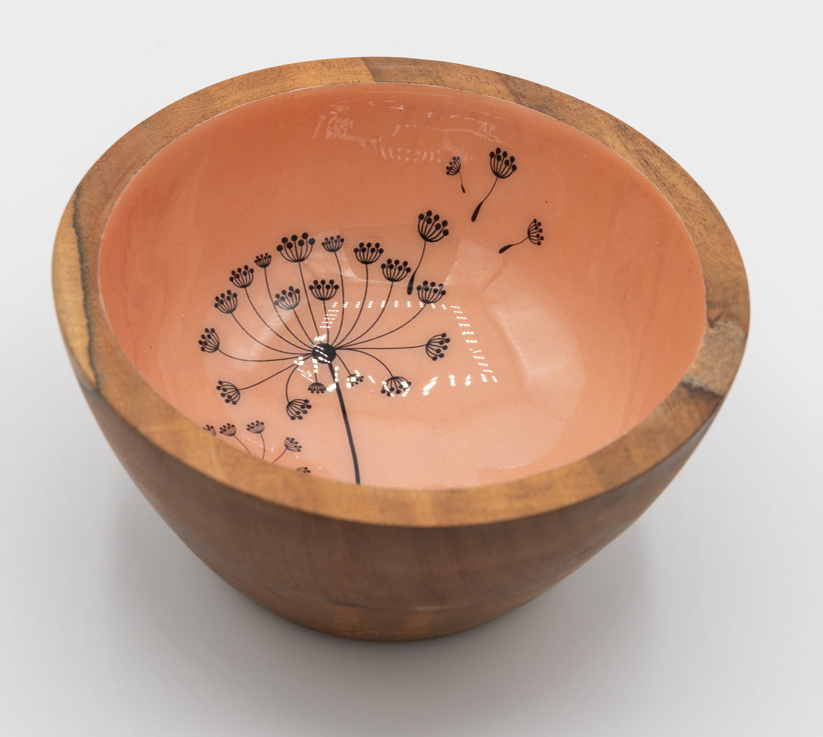 Handcrafted Wooden Bowl with Coral Enamel & Dandelion Design