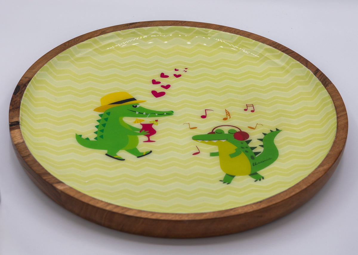 Wooden Serving Tray with Playful Alligator Party Design – Yellow Chevron Background
