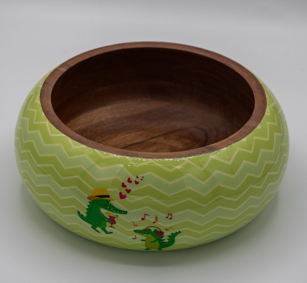 Handcrafted Wooden Bowl with Alligator Party Design – Green Chevron Exterior
