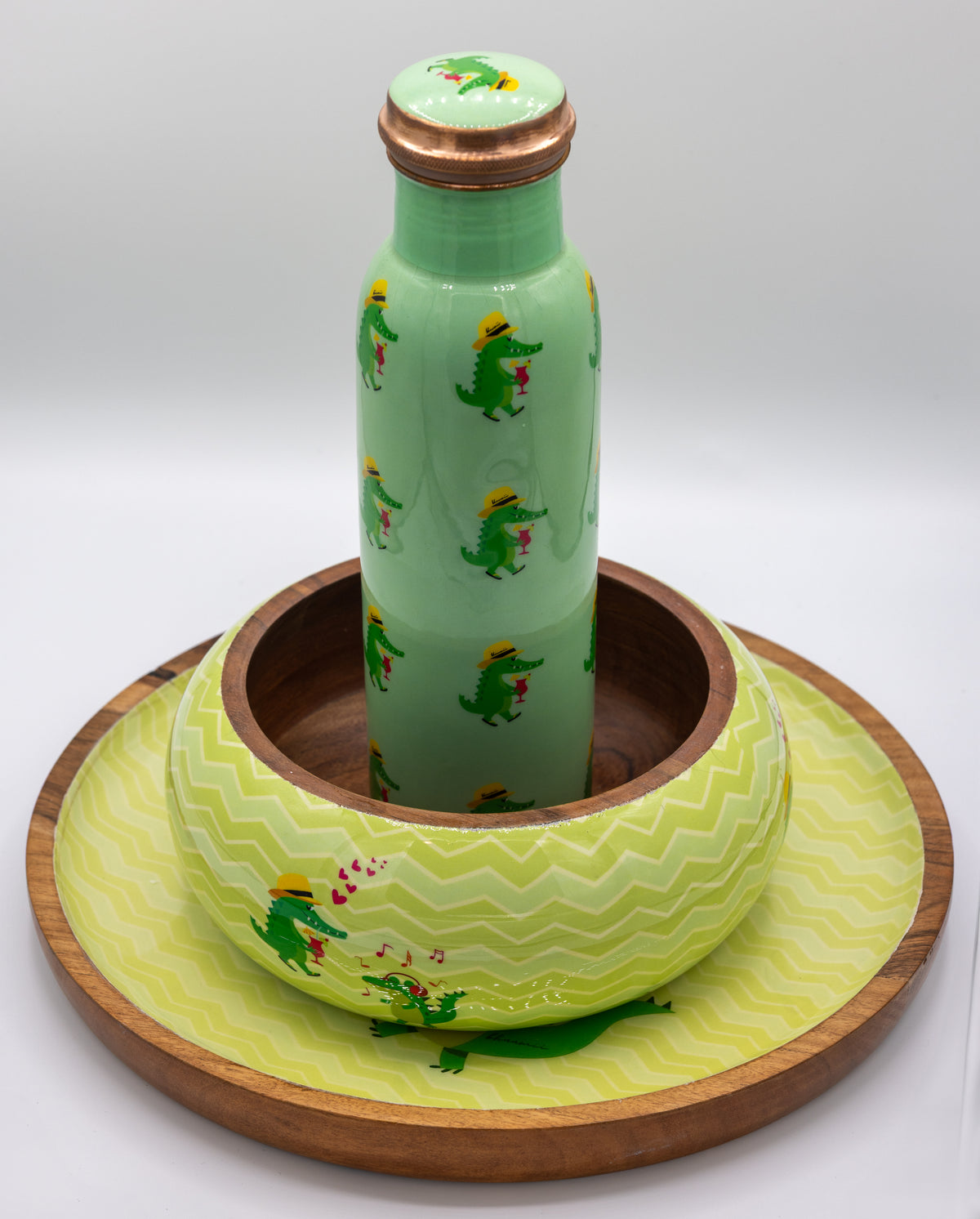 Handcrafted Funky Alligator Wooden Tray Set with Copper Bottle