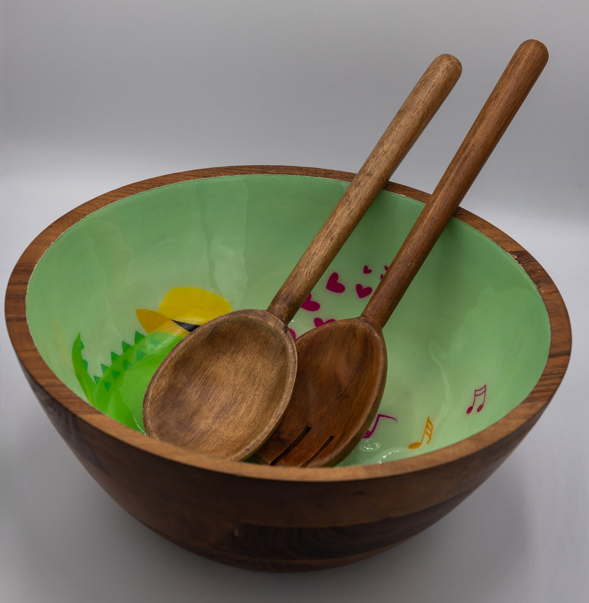 Whimsical Dinosaur Salad Bowl Set with Wooden Serving Utensils