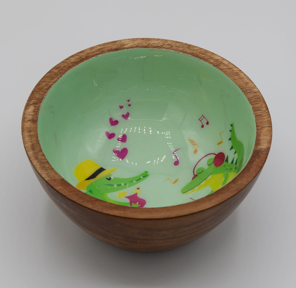 Handcrafted Wooden Bowl with Playful Alligator Music Scene – Mint Green Interior