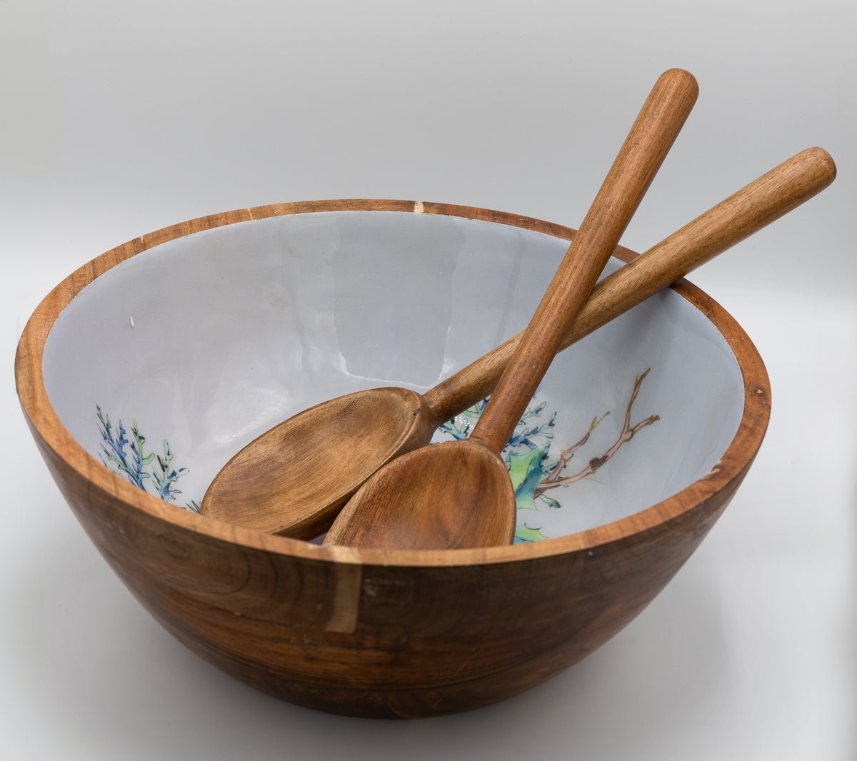 Handcrafted Wooden Salad Bowl with Enamel Floral Interior & Matching Spoons