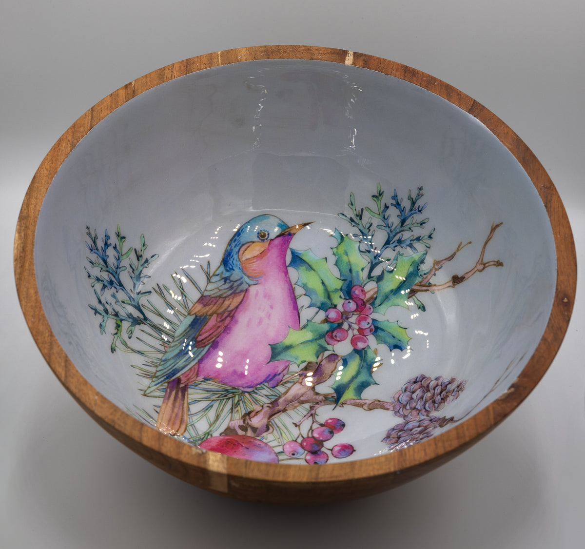Handcrafted Wooden Bowl with Winter Bird & Holly Design