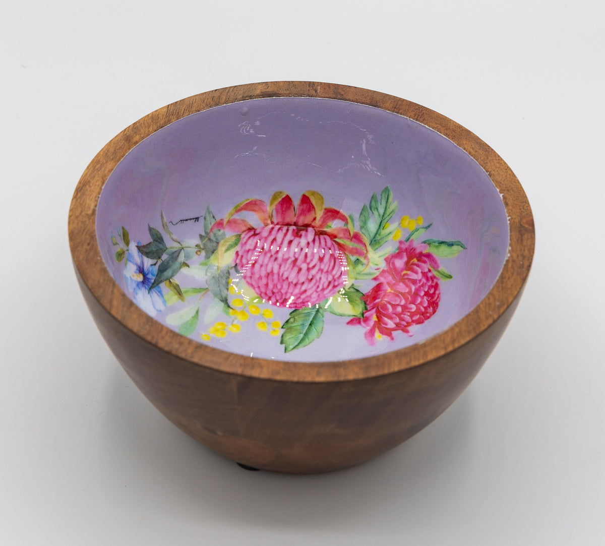 Handcrafted Wooden Bowl with Floral Painted Interior – Lavender & Bloom Design