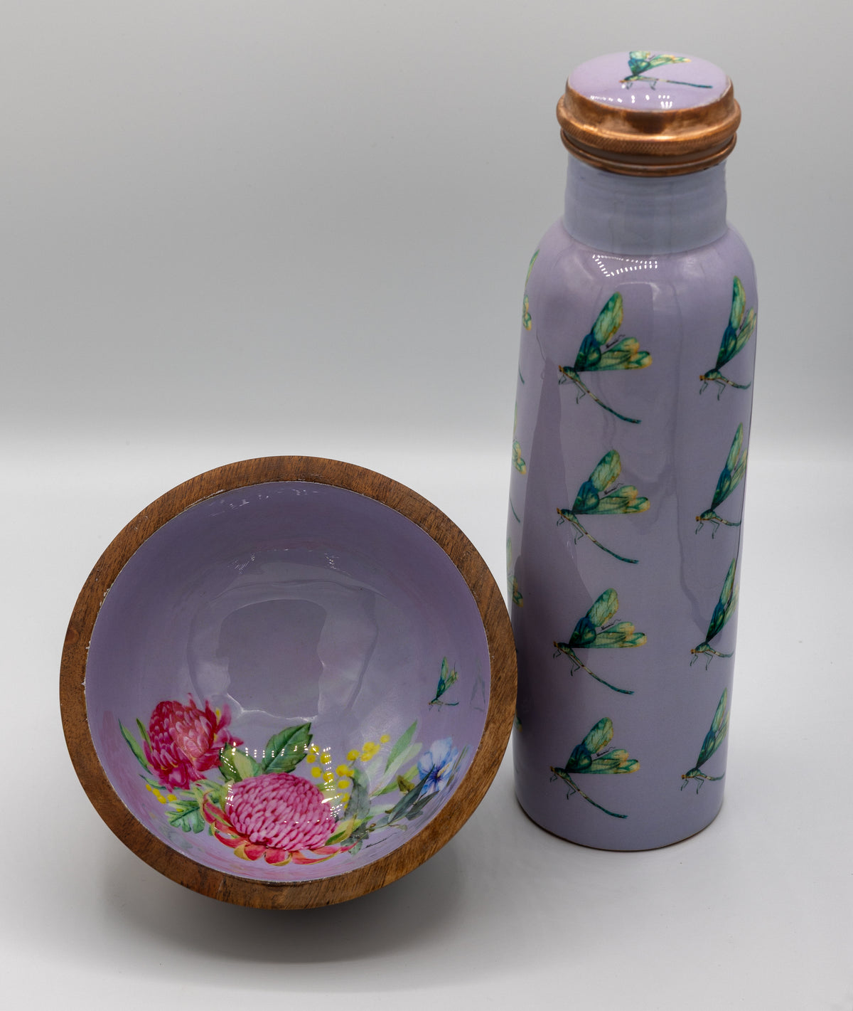 Lavender Dragonfly Copper Bottle & Floral Wooden Bowl Set