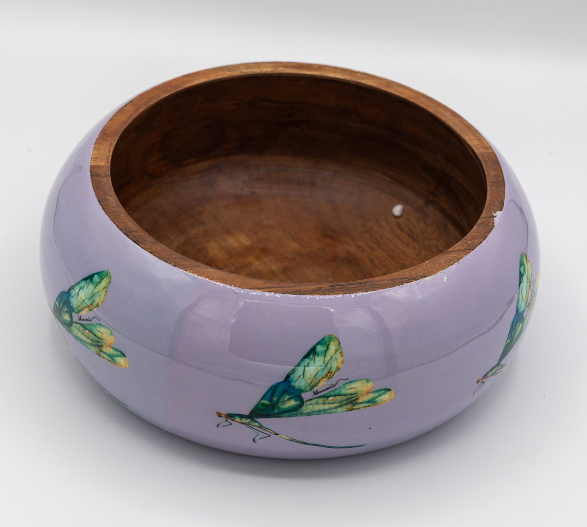 Handcrafted Wooden Bowl with Lilac Enamel Finish & Dragonfly Motif