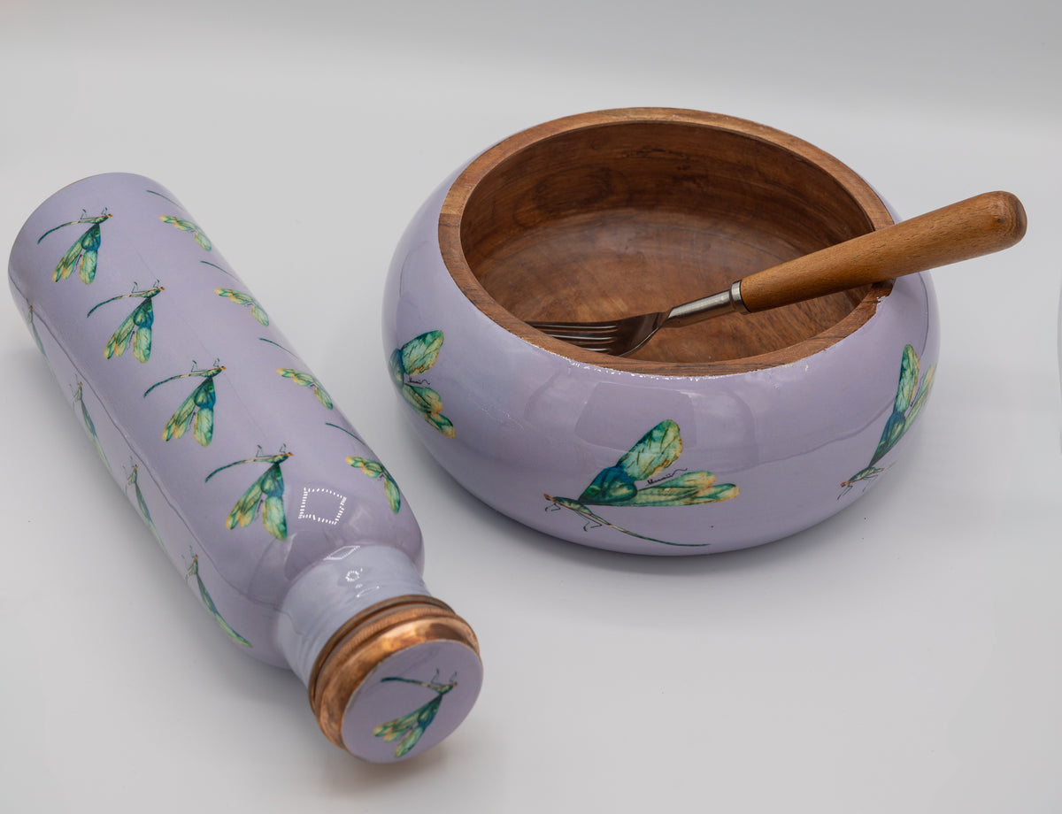 Handcrafted Lilac Dragonfly Bowl, Bottle & Fork-Spoon Set