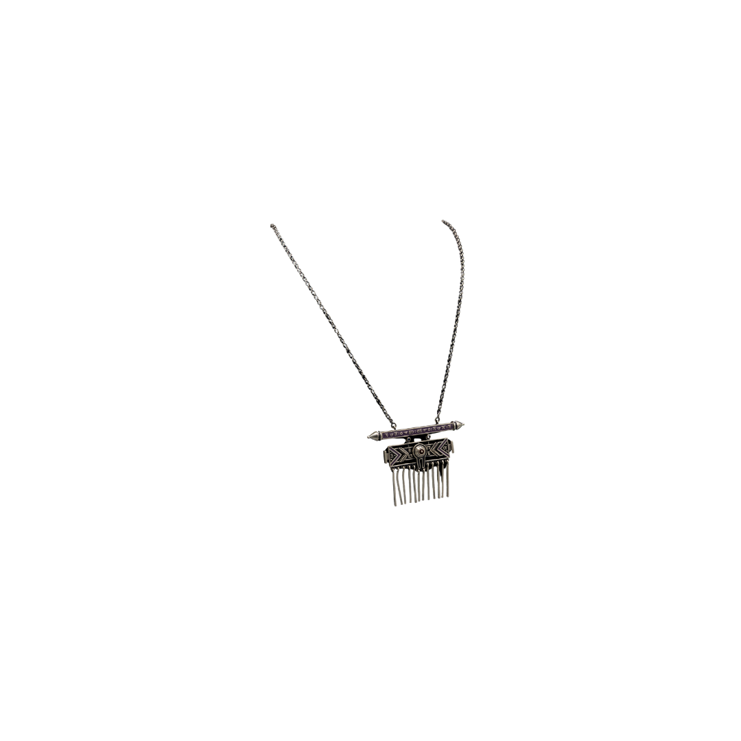 Tribal-Inspired Silver Pendant Necklace with Geometric and Fringe